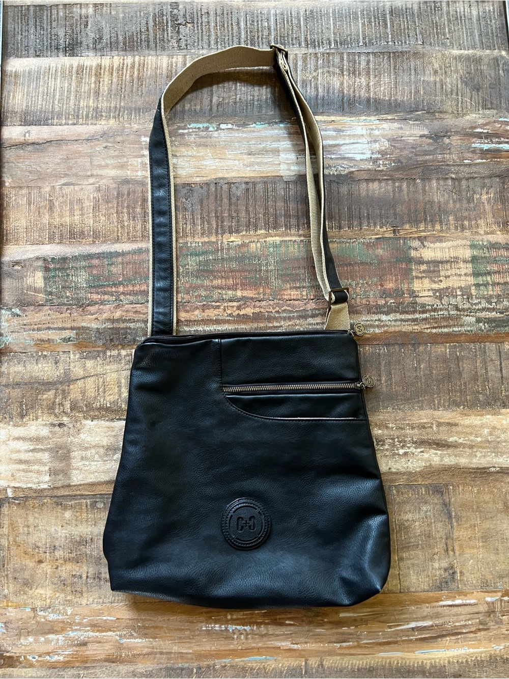 Coco + Carmen Black Crossbody with Tan Adjustable Strap